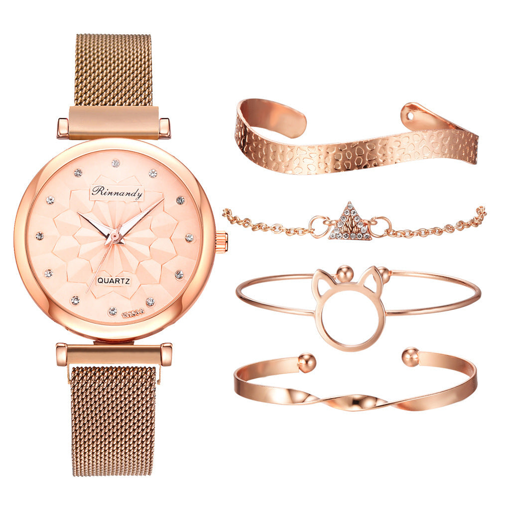 Flower Magnetic Buckle Milan Mesh Strap Watch Bracelet Suit