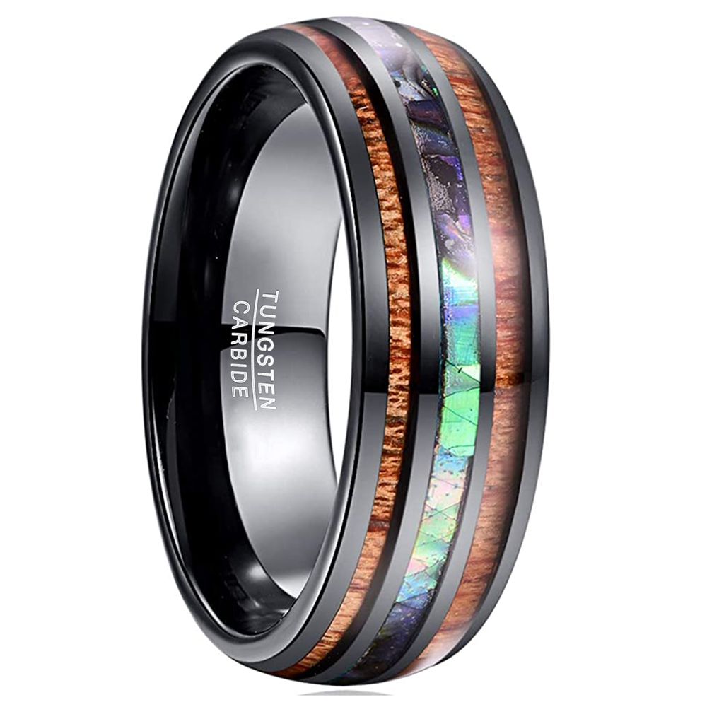 Electroplated Black Inlaid Locust Wood Abalone Shell Tungsten Ring