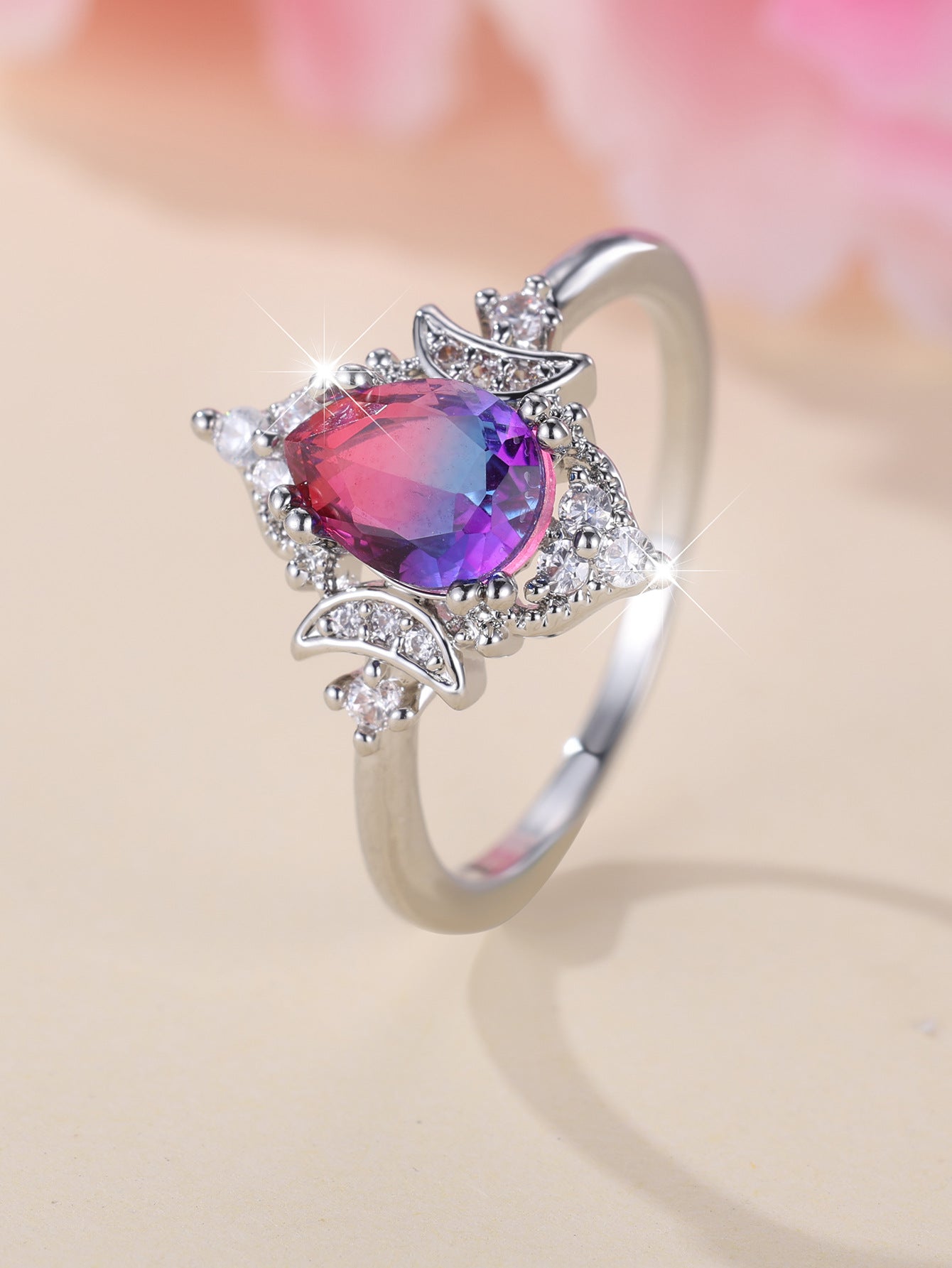 New Gradient White K Rose Blue Water Drop Tourmaline Crown Ring Personality Fashion