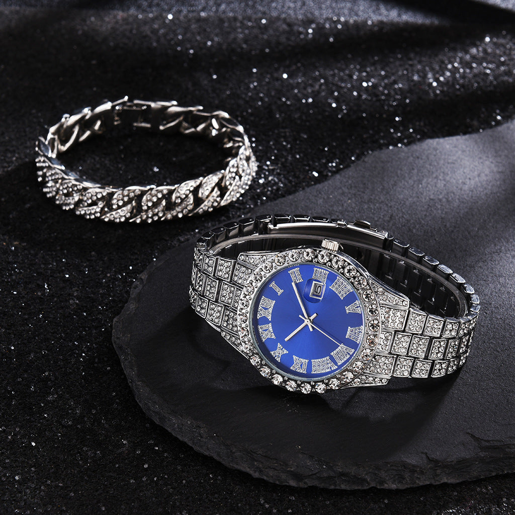 Steel Band Quartz Watch Full Diamond With Calendar