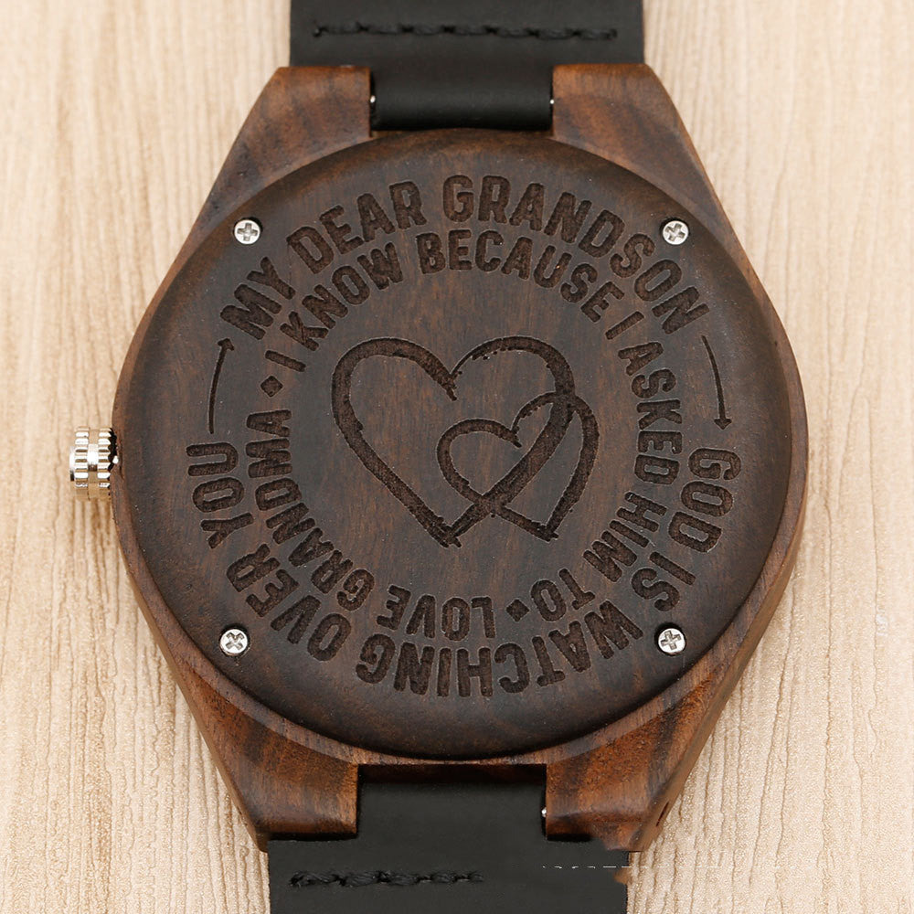 Brown Dial Wood Case Back Lettering Watch