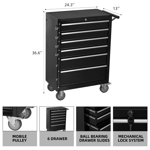 6-Drawer Rolling Tool Chest Cabinet, Large Capacity Metal Tool Box With Wheels And Locking, Roll Around Storage Organizer Tool Cart For Garage, Warehouse, Work Shop - Black