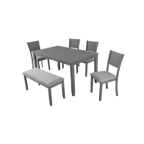 6 Piece Kitchen Dining Set, Rectangular Wooden Dining Table With 4 Upholstered Chairs And A Bench, Dining Table Set For 6 People, Living Room, Home Bar And Kitchen, Gray