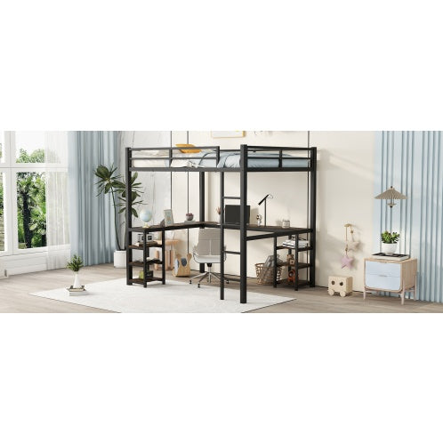 Full Metal Loft Bed With Desk And Shelves, Loft Bed With Ladder And Guardrails, Loft Bed Frame For Bedroom