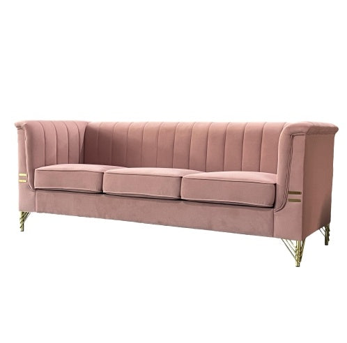 FX-P82-PKSOFAModern Designs Velvet Upholstered Living Room Sofa, 3 Seat Sofa Couch With Golden Metal Legs For Home, Apartment Or Office Pink SOFA