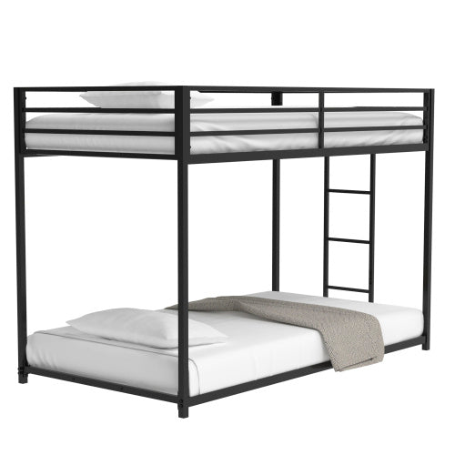 Adam Sturdy Twin Over Twin Bunk Bed Metal Black For Kids And Adult, Low Profile Twin Over Twin Bunk Bed With Ladder And Guardrails, Easy Climbing, Beds For Bedroom