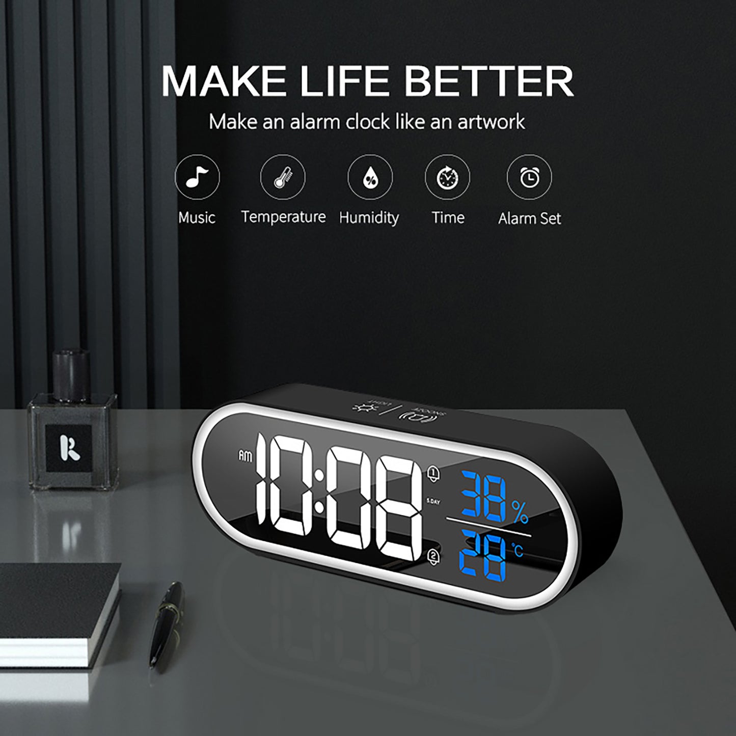 Rechargeable Mirror LED Music Clock Switch With 40 Music Adjustable Sound Level