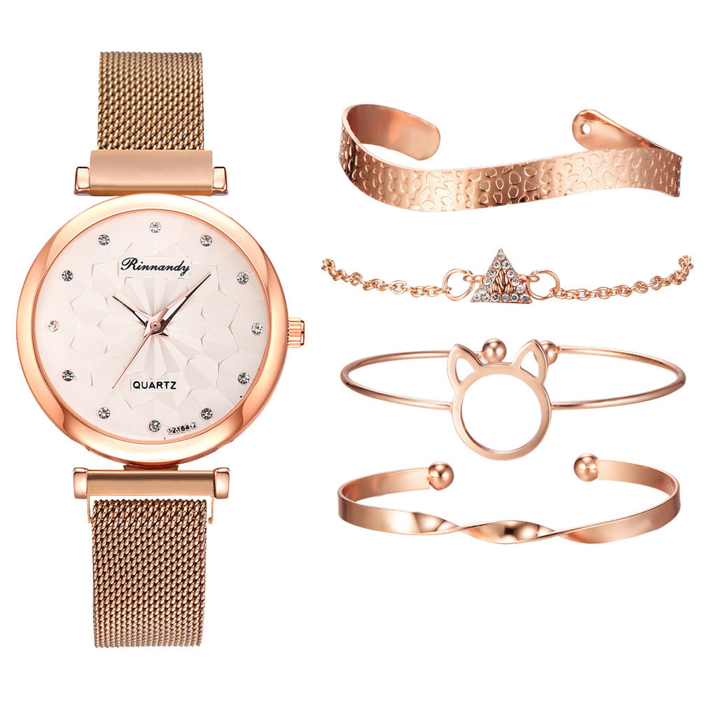 Flower Magnetic Buckle Milan Mesh Strap Watch Bracelet Suit