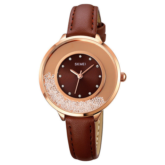 Fashionable Rotatable Rhinestone Casual All-match Thin Belt Ladies Quartz Watch