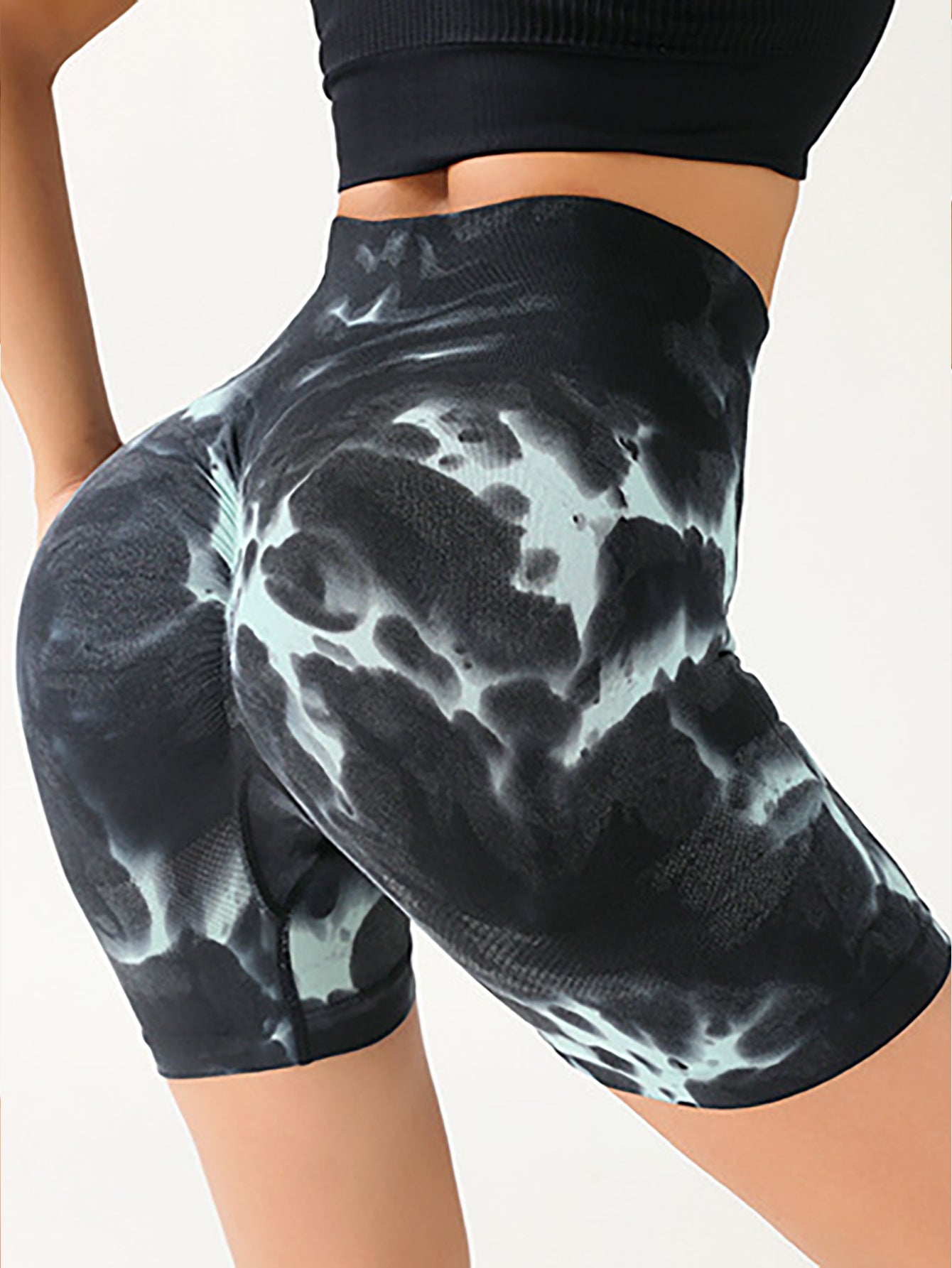 High Waist Tummy Control Yoga Shorts For Women, Tie-Dye Ruched Booty Lifting Workout Fitness Shorts, Hip Lifting Sports Activewear, Gym Exercise Running Shorts