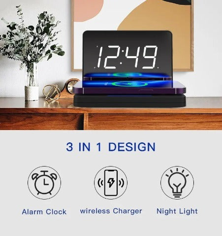 Hot Digital Alarm Clock Big Display 1.4 Inch LED Mirror Electronic Clock For Mobile Phone Wireless Charging Station Clock Mirror