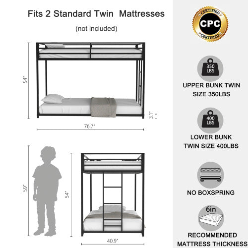 Adam Sturdy Twin Over Twin Bunk Bed Metal Black For Kids And Adult, Low Profile Twin Over Twin Bunk Bed With Ladder And Guardrails, Easy Climbing, Beds For Bedroom