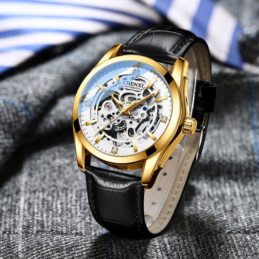 Automatic Mechanical Watch Male Leather Strap Hollow Luminous Waterproof Watch