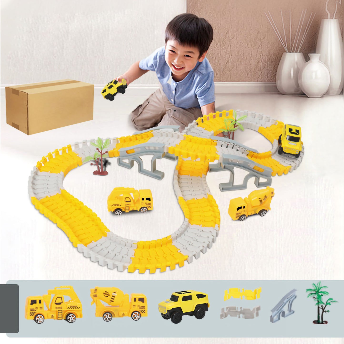 Construction Race Tracks for Kids Flexible Electric Track Toy Car Set DIY Assembly Gift ETC146