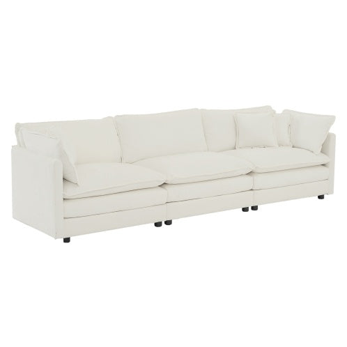 Mid-Century Modern Couch 3-Seater Sofa With 2 Armrest Pillows And 3 Toss Pillows, Couch For Living Room White Chenille