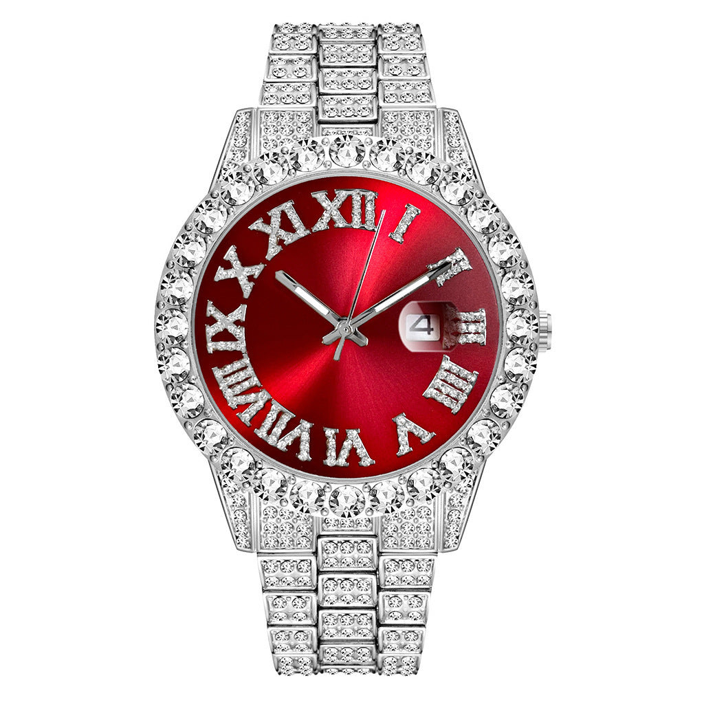 Steel Band Quartz Watch Full Diamond With Calendar