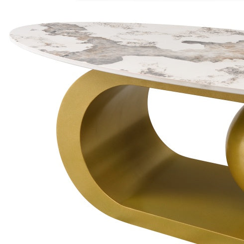 Modern Oval Coffee Table For Living Room, Marble Pattern Sintered Stone Coffee Tabletop With Gold Stainless Steel Base In 47.2