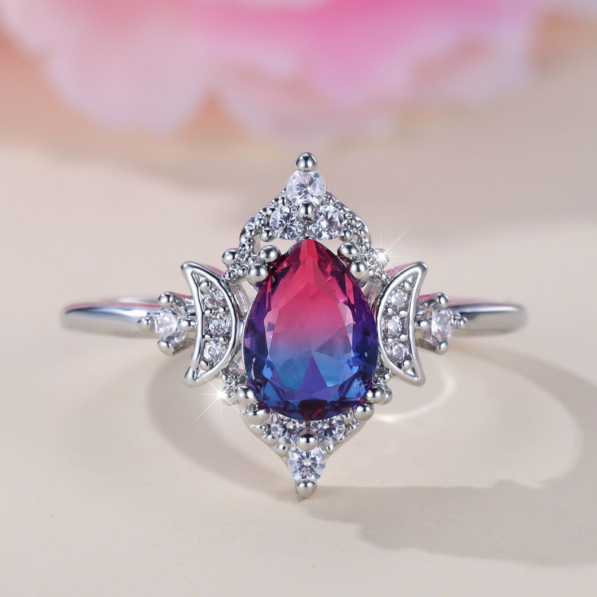 New Gradient White K Rose Blue Water Drop Tourmaline Crown Ring Personality Fashion