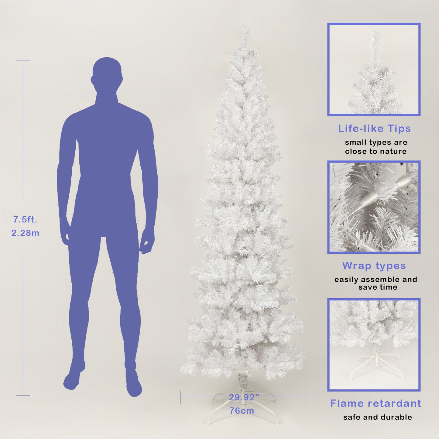 7.5 Feet White Slender Faux Christmas Tree Including Foldable Metal Stands