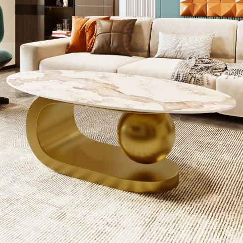 Modern Oval Coffee Table For Living Room, Marble Pattern Sintered Stone Coffee Tabletop With Gold Stainless Steel Base In 47.2