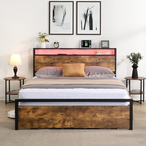 Queen Size Bed Frame With Storage Headboard And 2 Drawers, LED Lights Bed With Charging Station