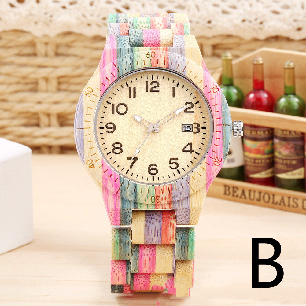 Large Dial Colorful Bamboo Skeleton Movement Quartz Wood Watch