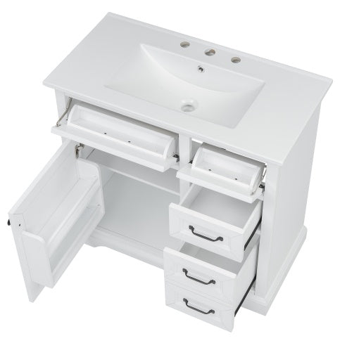 36Bathroom Vanity With Sink, Ceramic Sink, 2 Tip-out Drawers, Soft Close Door Hinges, White