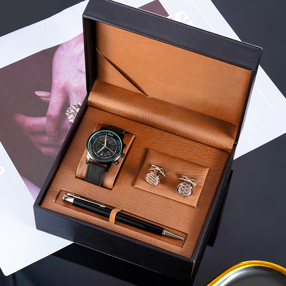 3 Piece Men's Watch Set Gift Box Sports Retro Calendar Quartz Watch Pen Cufflinks