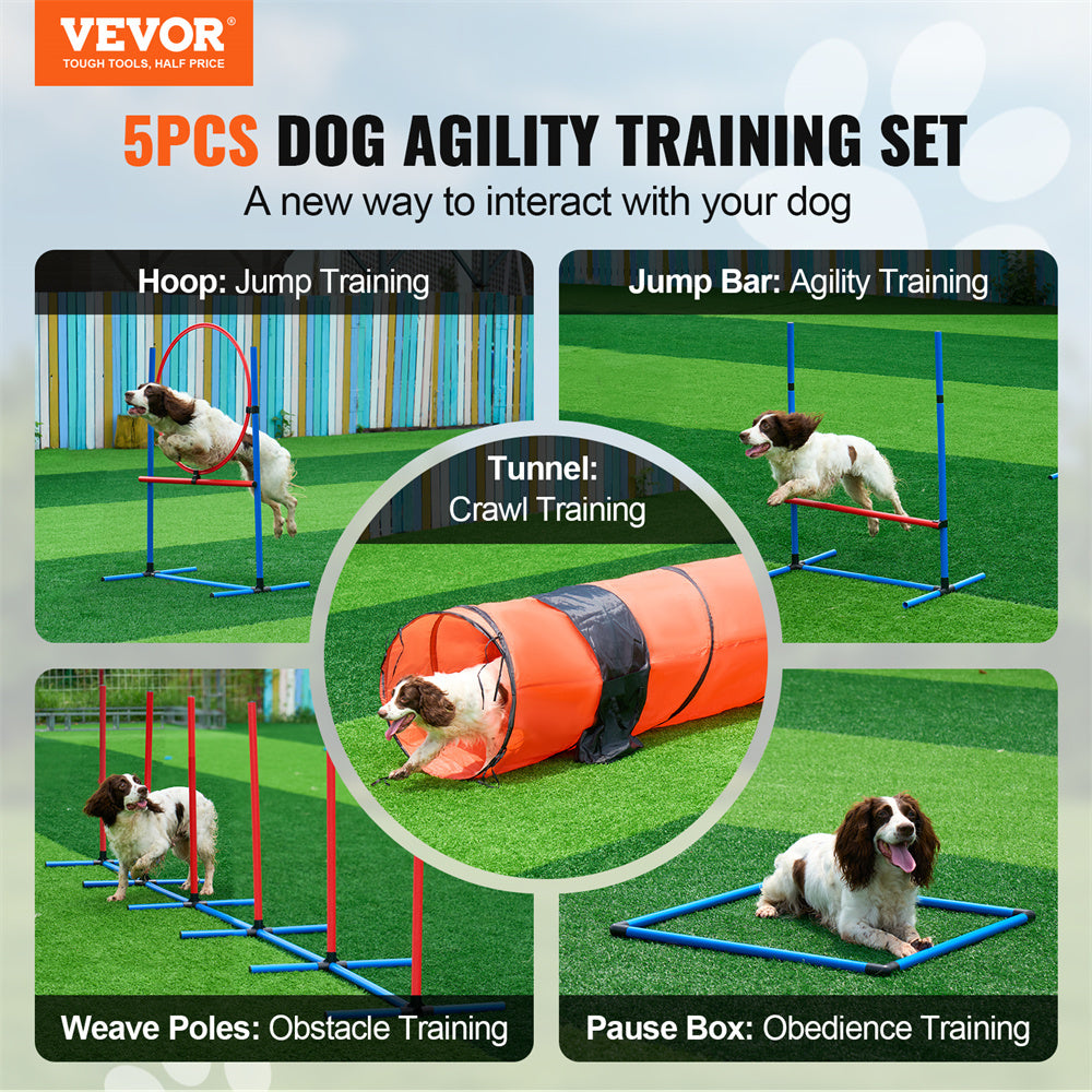 VEVOR Dog Agility Training Equipment 5 PCS Set Upgrade W Hurdles Extended Tunnel