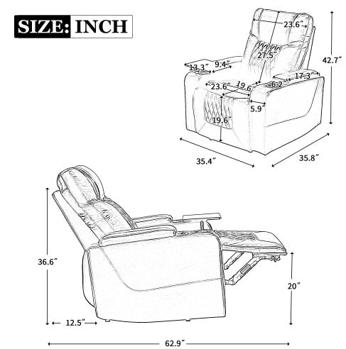 Power Motion Recliner With USB Charging Port And Hidden Arm Storage 2 Convenient Cup Holders Design And 360 Swivel Tray Table,Brown