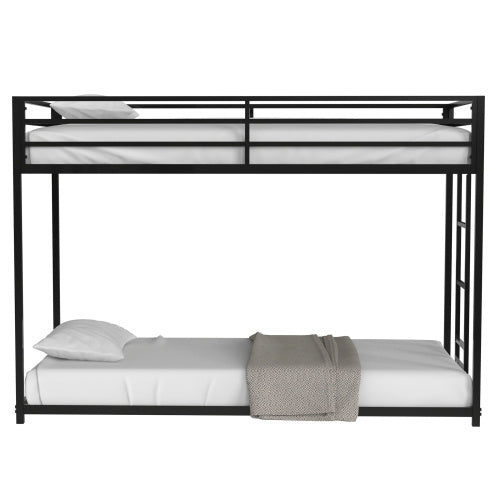 Adam Sturdy Twin Over Twin Bunk Bed Metal Black For Kids And Adult, Low Profile Twin Over Twin Bunk Bed With Ladder And Guardrails, Easy Climbing, Beds For Bedroom