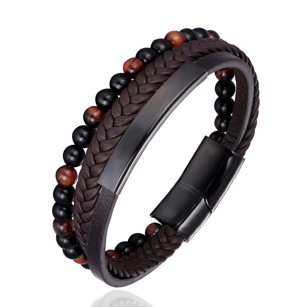 Natural Stone Beaded Bracelet Leather Braided Stainless Steel Magnet Buckle Bracelet