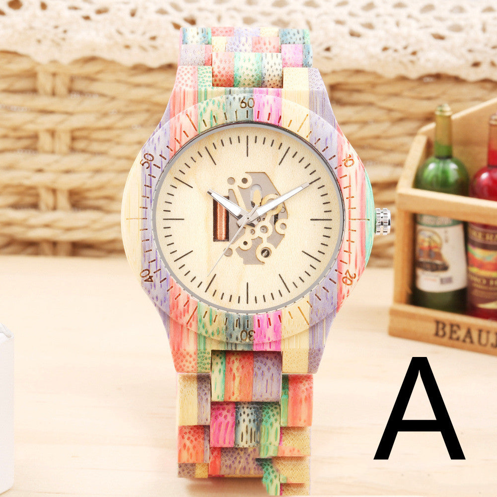 Large Dial Colorful Bamboo Skeleton Movement Quartz Wood Watch