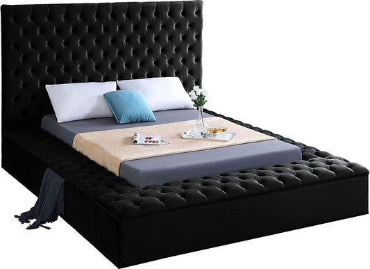 Bliss Collection Modern | Contemporary Velvet Upholstered Bed with Deep Button Tufting and Storage Compartments in Rails and Footboard, Black, King