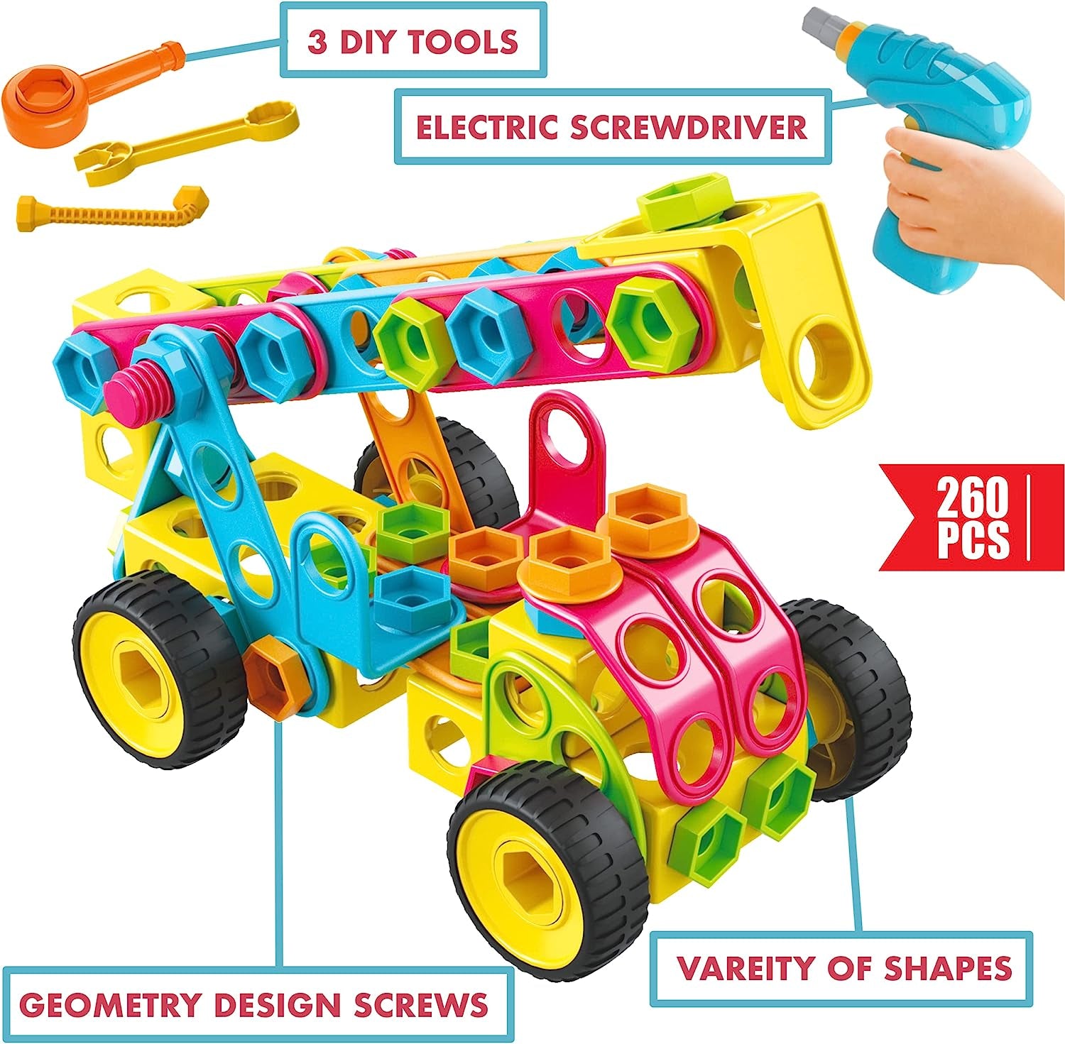 STEM Toys KIT 260 PCS W/Drill | Educational Construction Set + Mechanical Screwdriver, Creative Construction Toys, Building Blocks, Car Wheels Cogs Learning Set for Boys & Girls 4 5 6+ Years Old