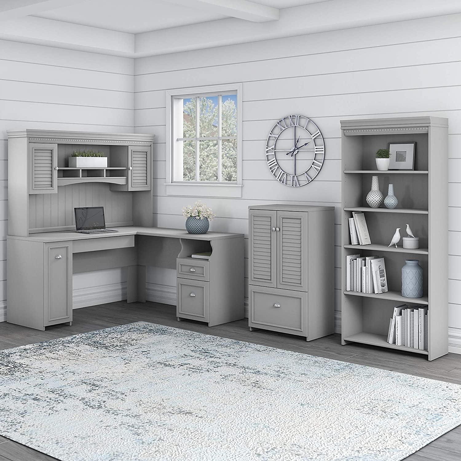 Fairview L Shaped Desk with Hutch, 5 Shelf Bookcase and Storage, 60W, Cape Cod Gray