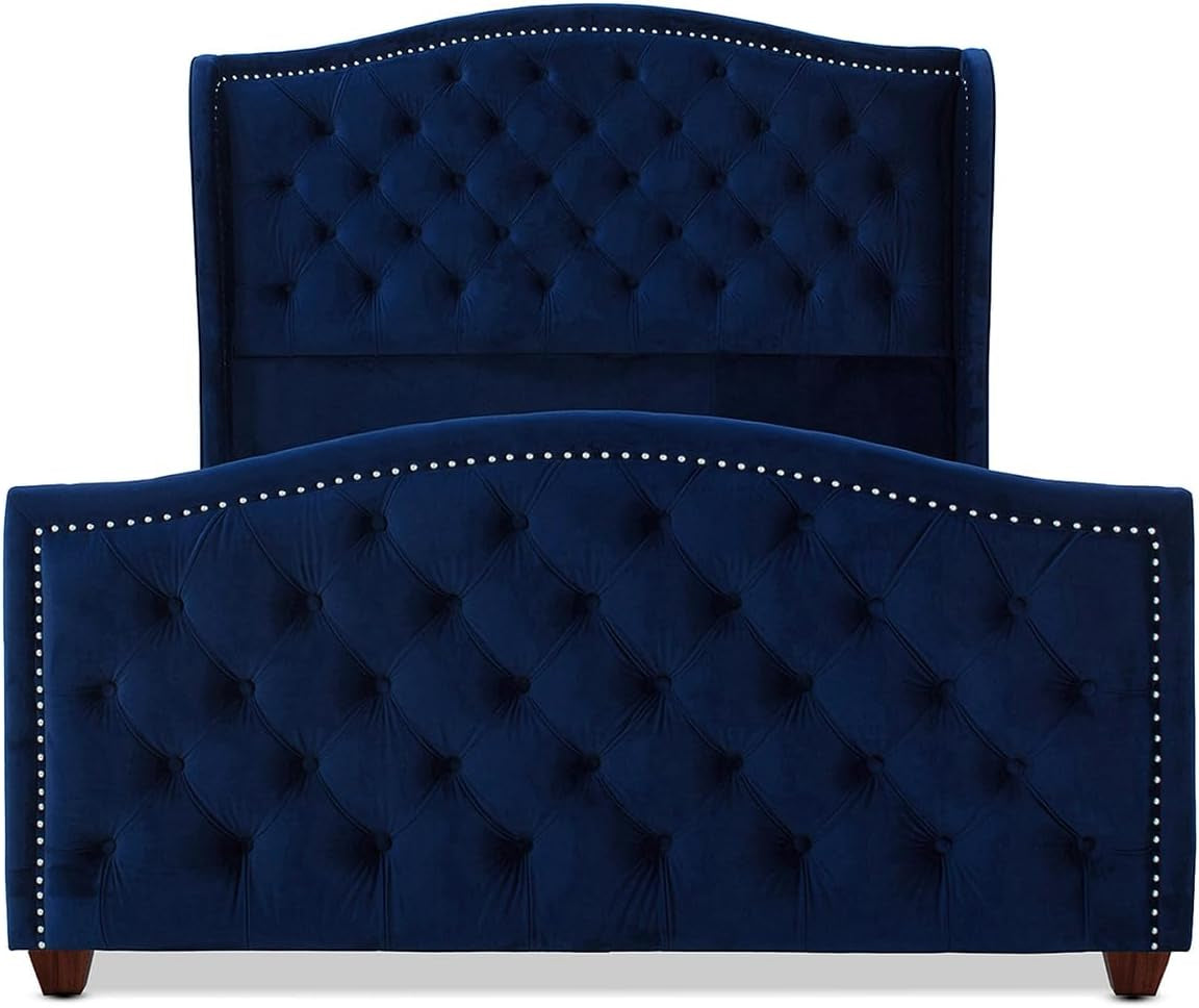 Anastasia Upholstered Shelter Headboard Bed Set, Queen, Navy Blue Velvet