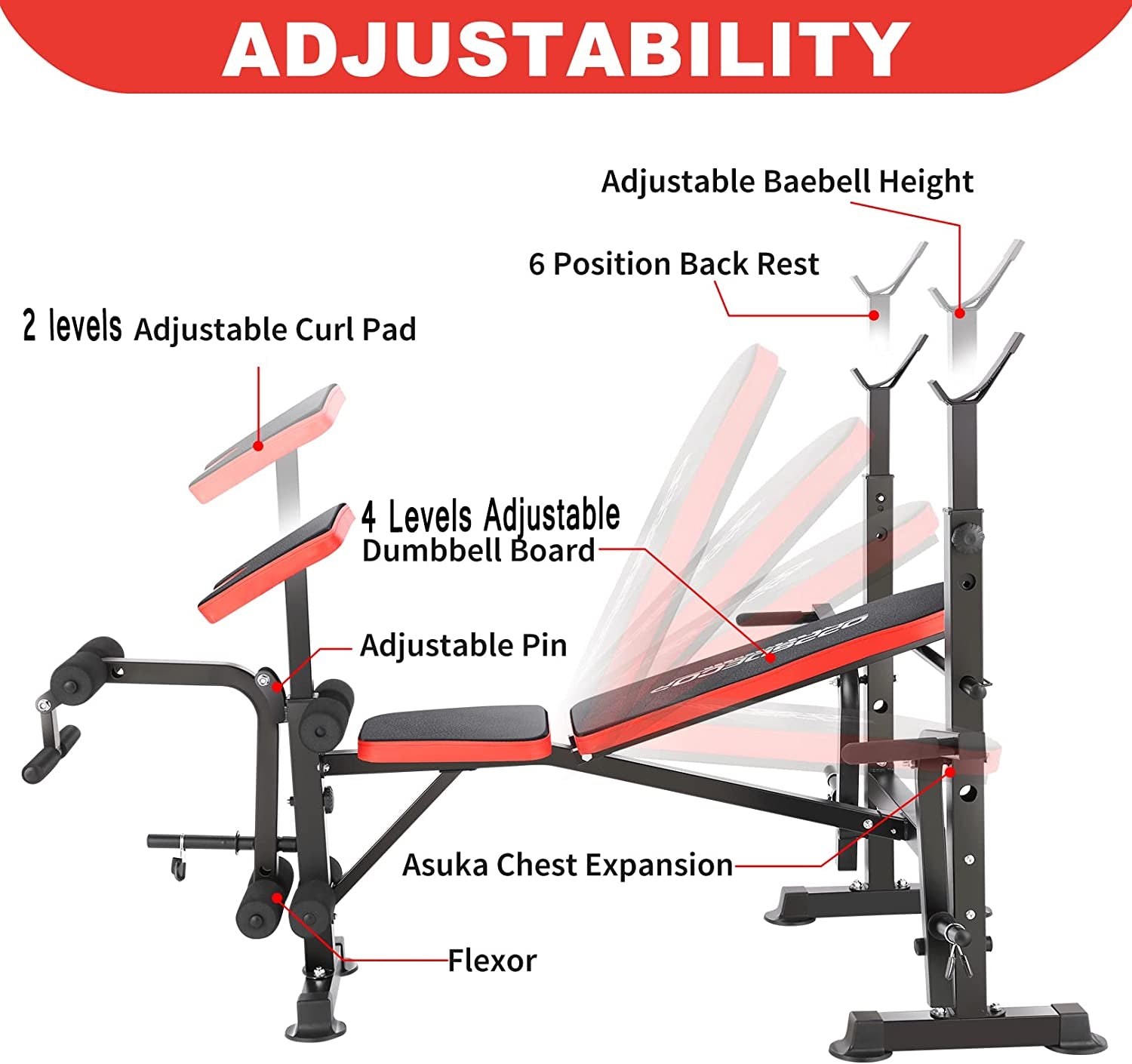 8 in 1 650Lbs Weight Bench Adjustable Workout Bench Set with Squat Rack Olympic Weight Bench Strength Training Leg Developer Preacher Curl and Barbell Rack Incline Seat for Home Gym OPX496