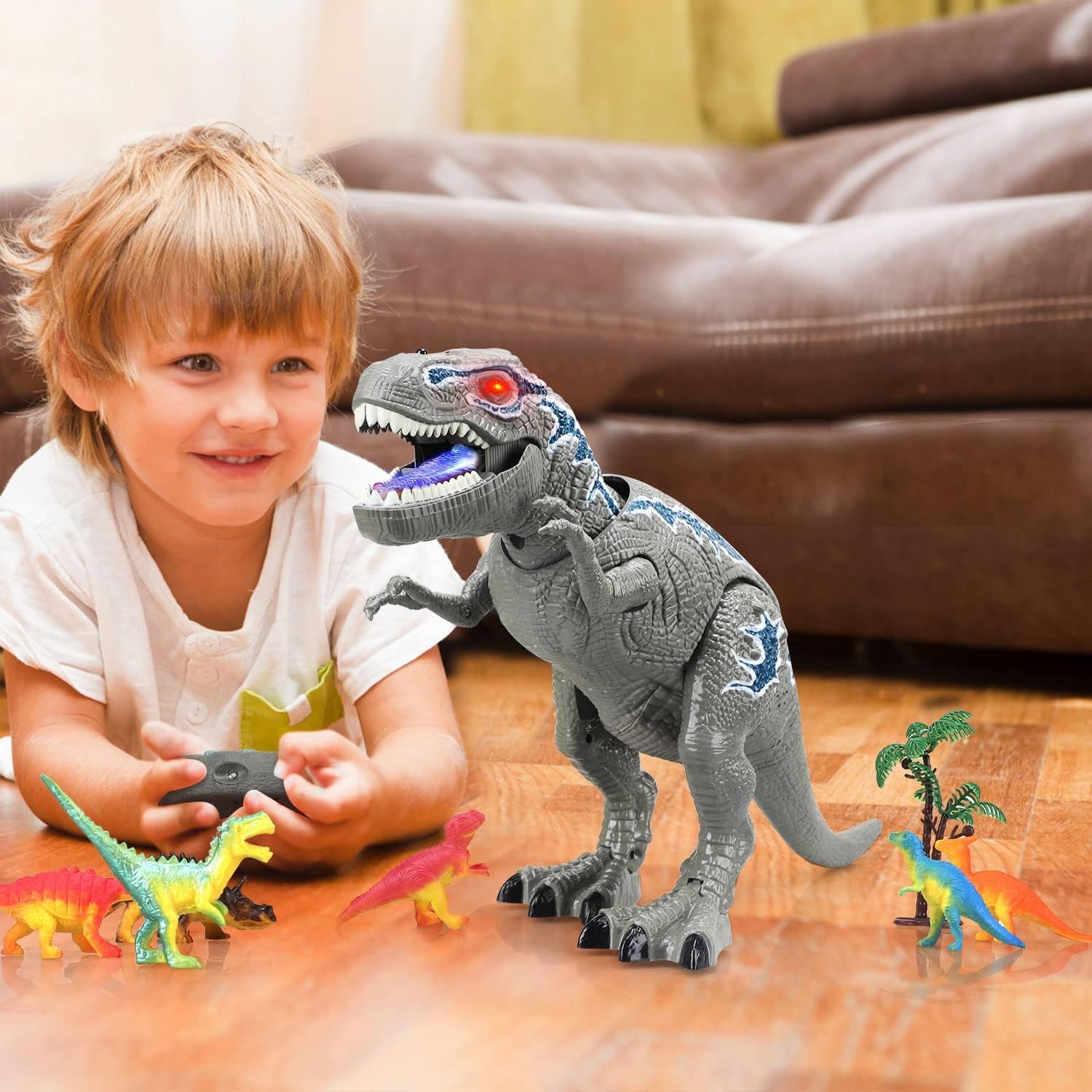 Remote Control Dinosaur Toys for Kids 3-5 - T Rex Dinosaur Toys with 12 Dino Figures - Light up & Roaring Sound - Electronic Walking Dinosaur Toys - Dinosaur Robot Toy for Kids Boys (Gray)