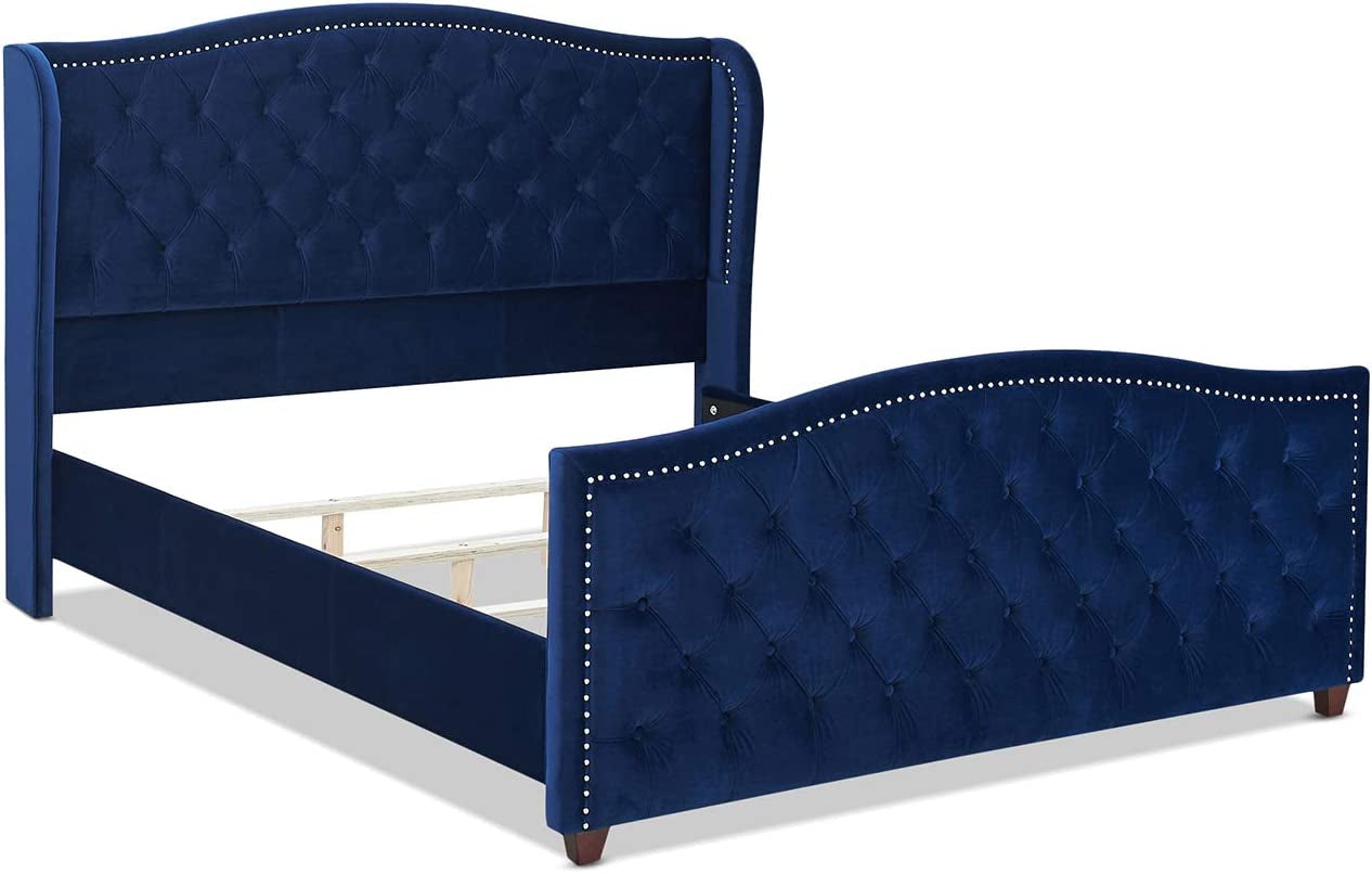 Anastasia Upholstered Shelter Headboard Bed Set, King, Navy Blue Velvet