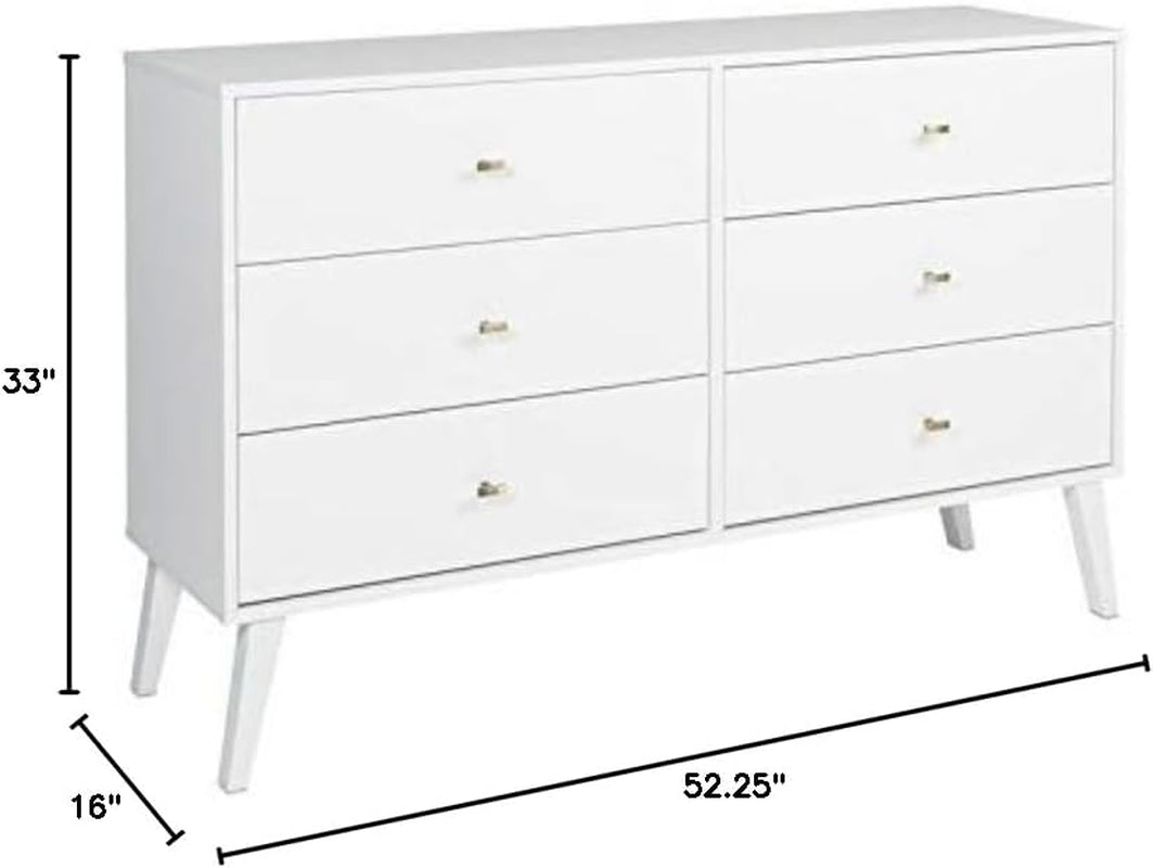 Milo Mid-Century 6 Drawer Double Dresser for Bedroom, 16" D X 52.50" W X 33" H, White