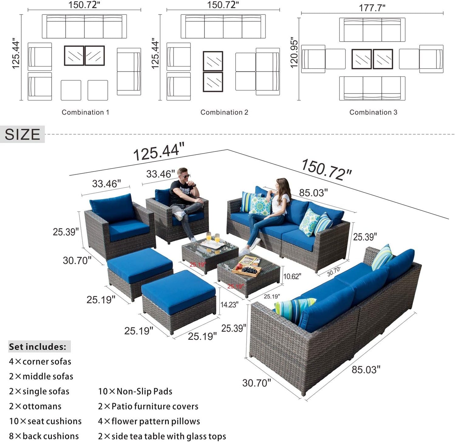 Patio Furniture Sets Outdoor Sectional Sofa 12 Pieces No Assembly Required Big Size All Weather Wicker Aluminum Conversation Set with 4 Pillows and 2 Furniture Covers,Grey Wicker Navy Blue