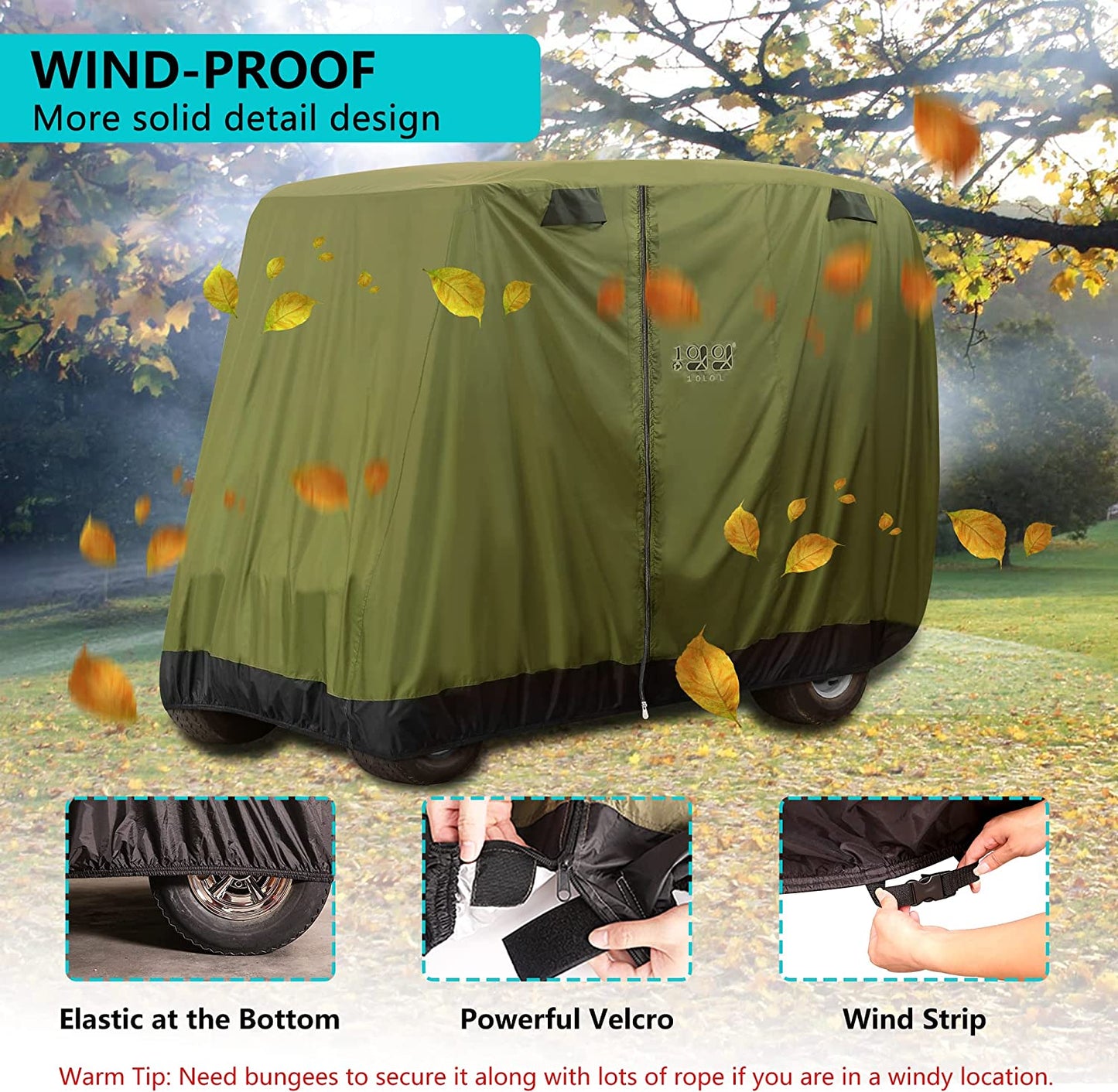 4 Passenger Golf Cart Cover Fits EZGO, Club Car, Yamaha, 400D Waterproof Windproof Sunproof Outdoor All-Weather Polyester Full Cover with Three Zipper Doors - Black/Army Green/Sliver/Camouflage