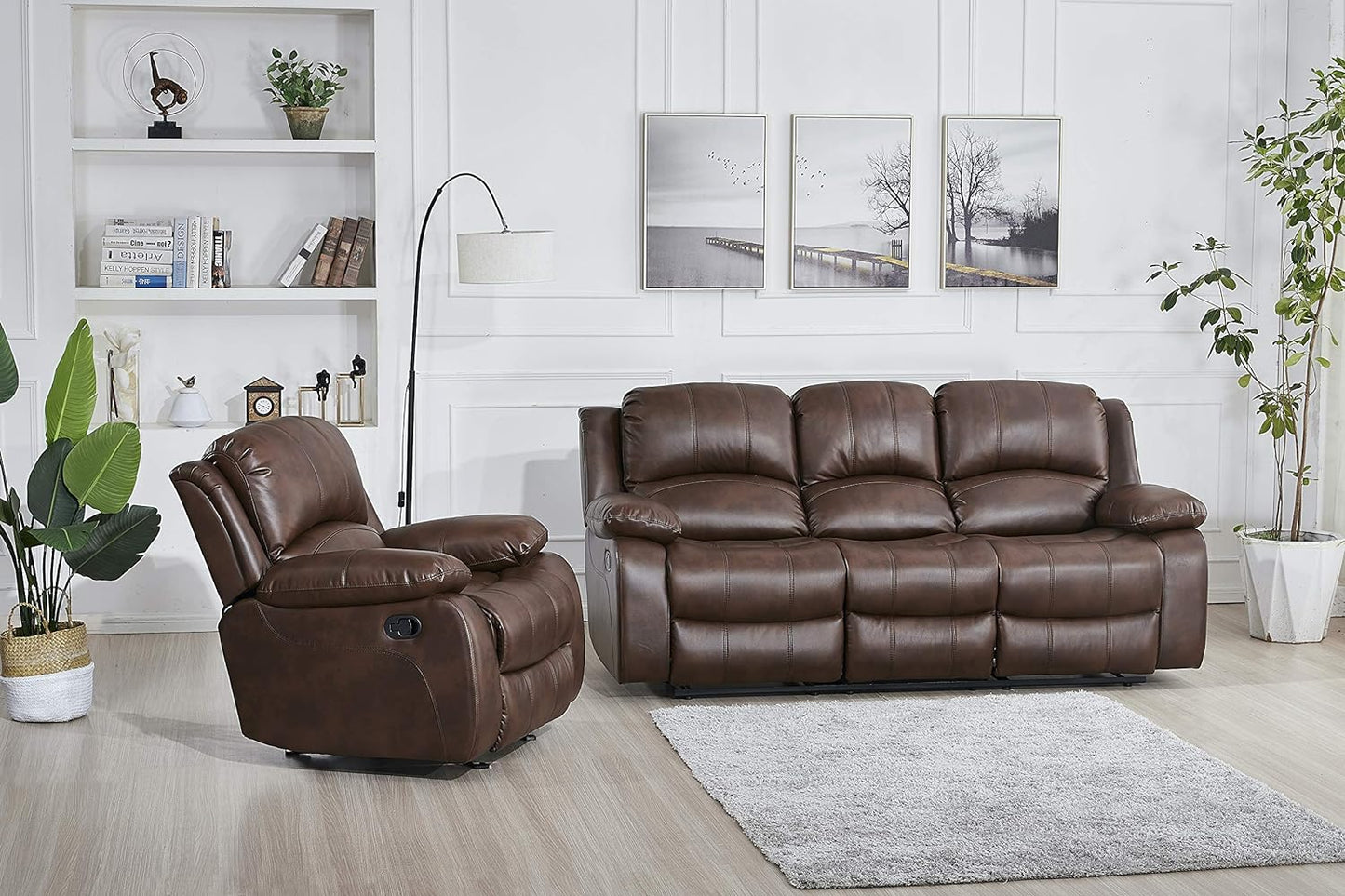 Bonded Leather Recliner Set Living Room Set, Sofa, Loveseat, Chair 8018 (Brown, Living Room Set 3+1)