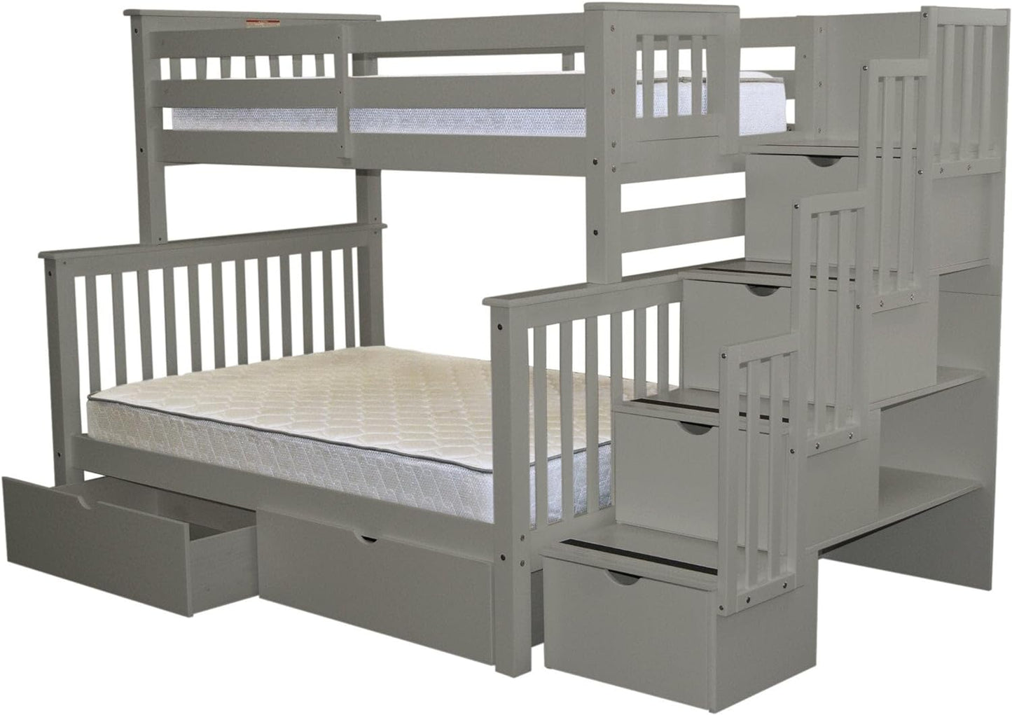 Stairway Bunk Beds Twin over Full with 4 Drawers in the Steps and 2 under Bed Drawers, Gray