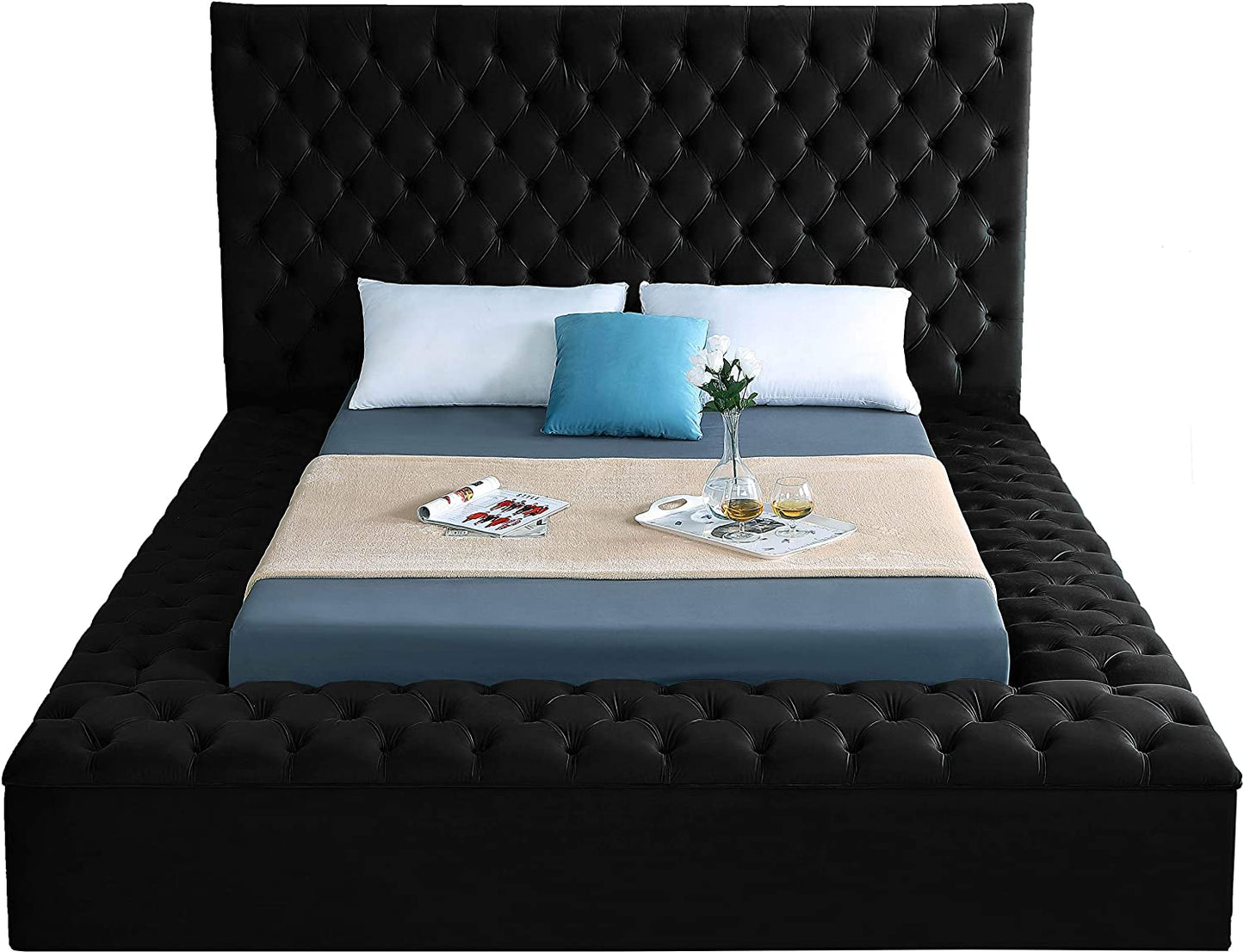 Bliss Collection Modern | Contemporary Velvet Upholstered Bed with Deep Button Tufting and Storage Compartments in Rails and Footboard, Black, King