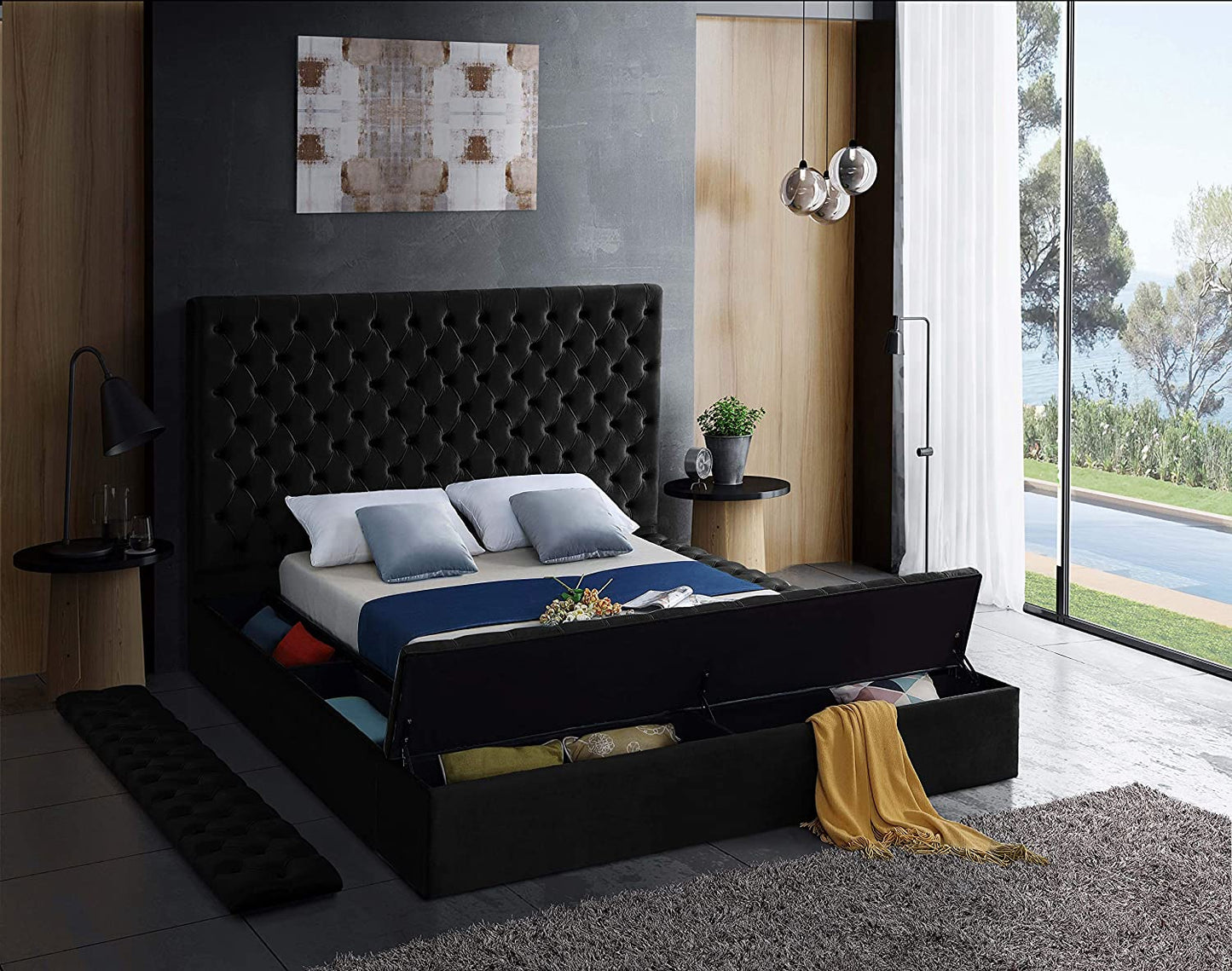 Bliss Collection Modern | Contemporary Velvet Upholstered Bed with Deep Button Tufting and Storage Compartments in Rails and Footboard, Black, King