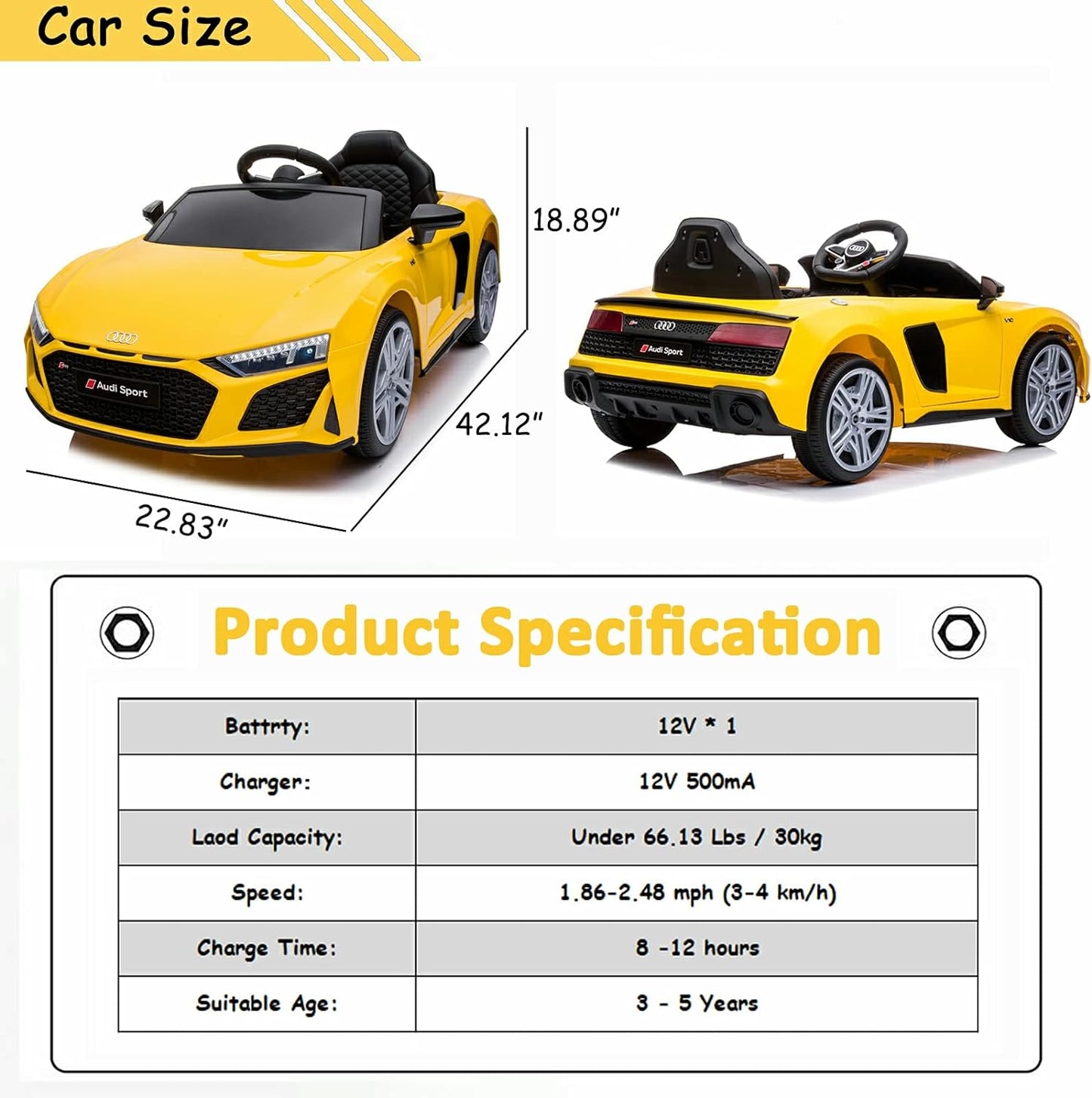 12V Ride on Toy Car Compatible with Audi R8 Electric Car for Kids Ride on Car with Remote Control Battery Powered Sports Car with Spring Suspension, Music,Usb (Yellow)