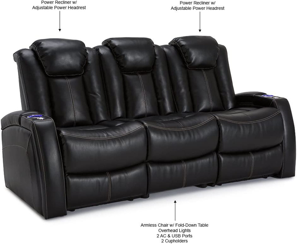 Omega Home Theater Seating - Leather Gel - Power Recline - Power Headrests - AC and USB Charging - Lighted Cup Holders - Fold down Table (Sofa, Black)