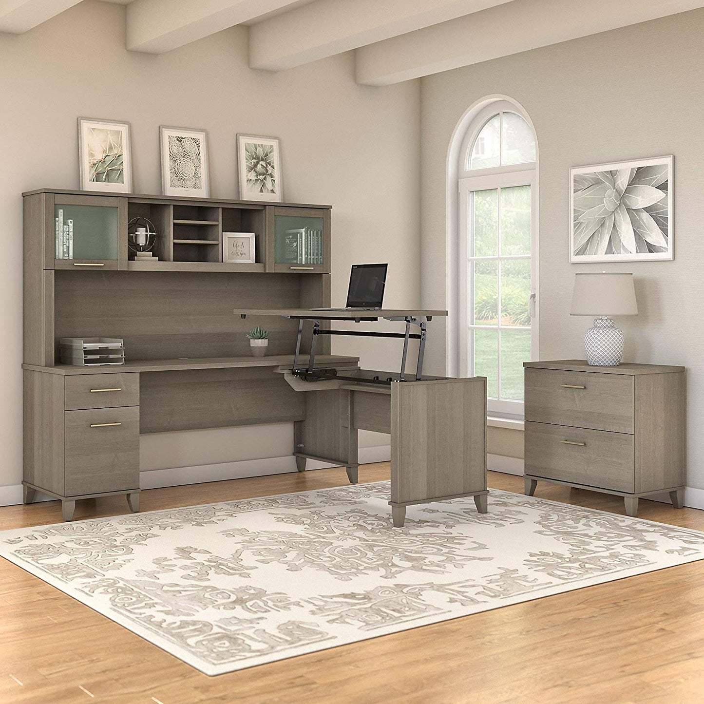 Somerset 72W 3 Position Sit to Stand L Shaped Desk with Hutch and File Cabinet in Ash Gray